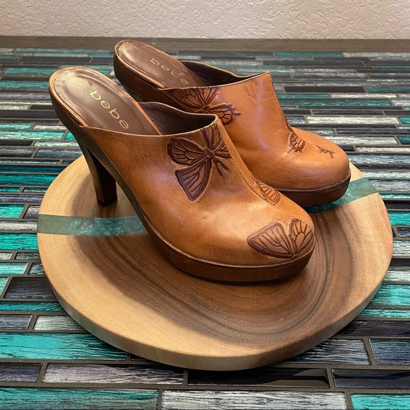 bebe Shoes - Bebe Leather Butterfly Clog Mule W/Wooden Platform Size 8